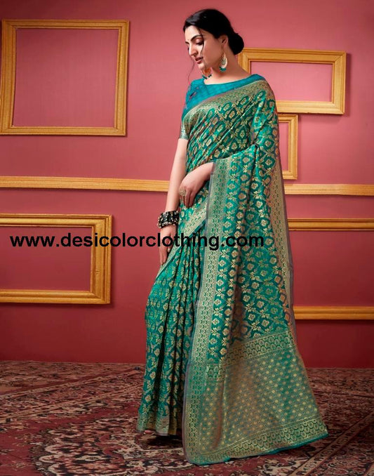 Teal Blue Silk Weaving Saree