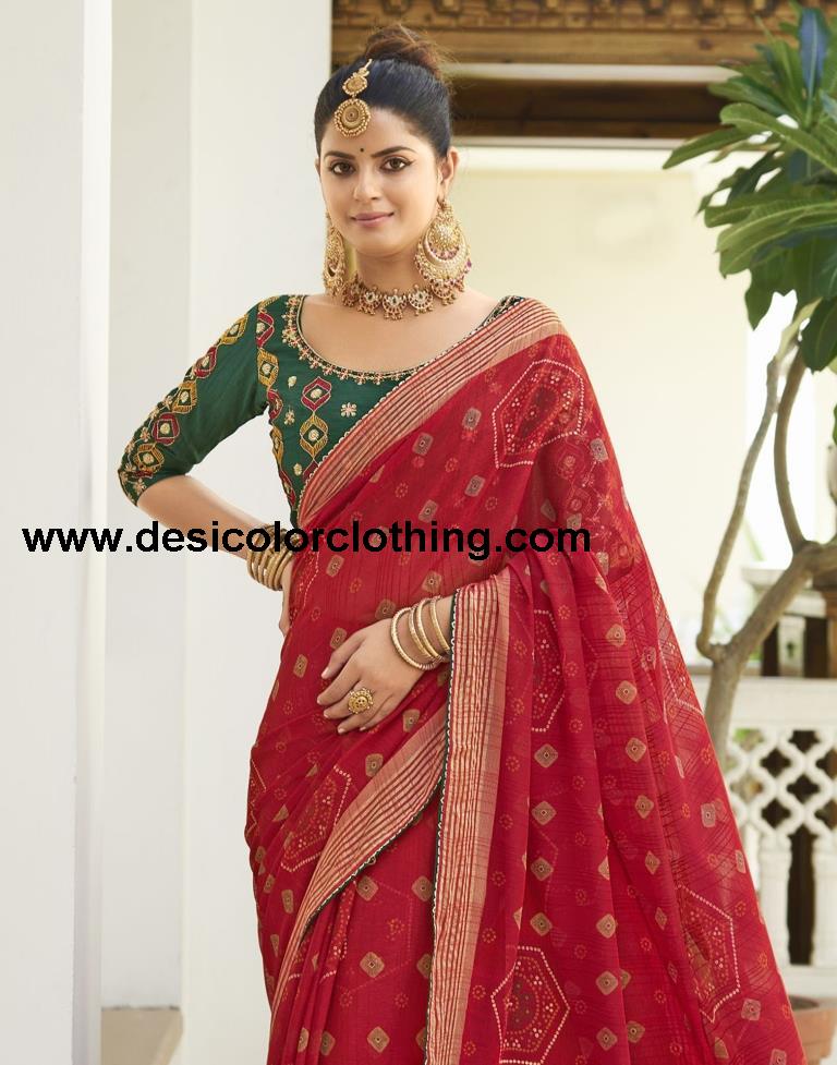Red Chiffon Bandhani Saree