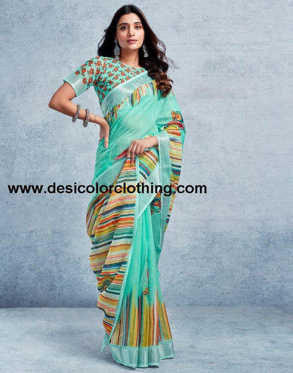 Pasta Green Linen Printed  Saree