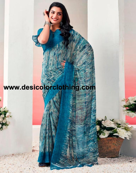 Teal Blue Chiffon Printed  Saree