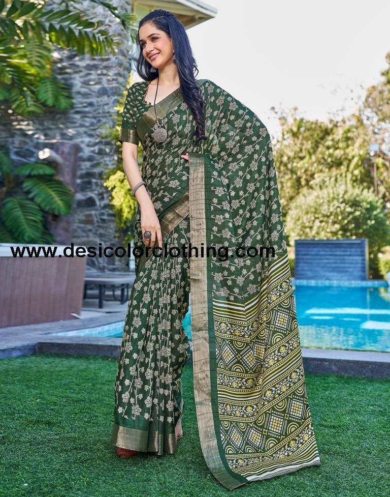 Dark Green Silk Printed Saree