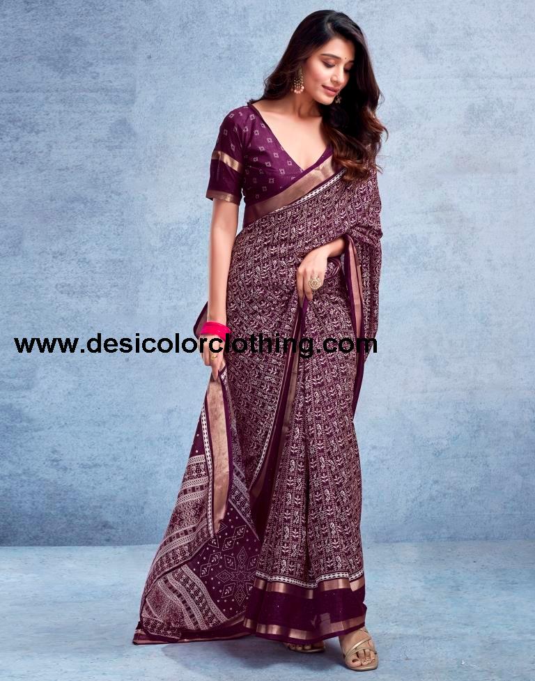 Wine Silk Printed  Saree