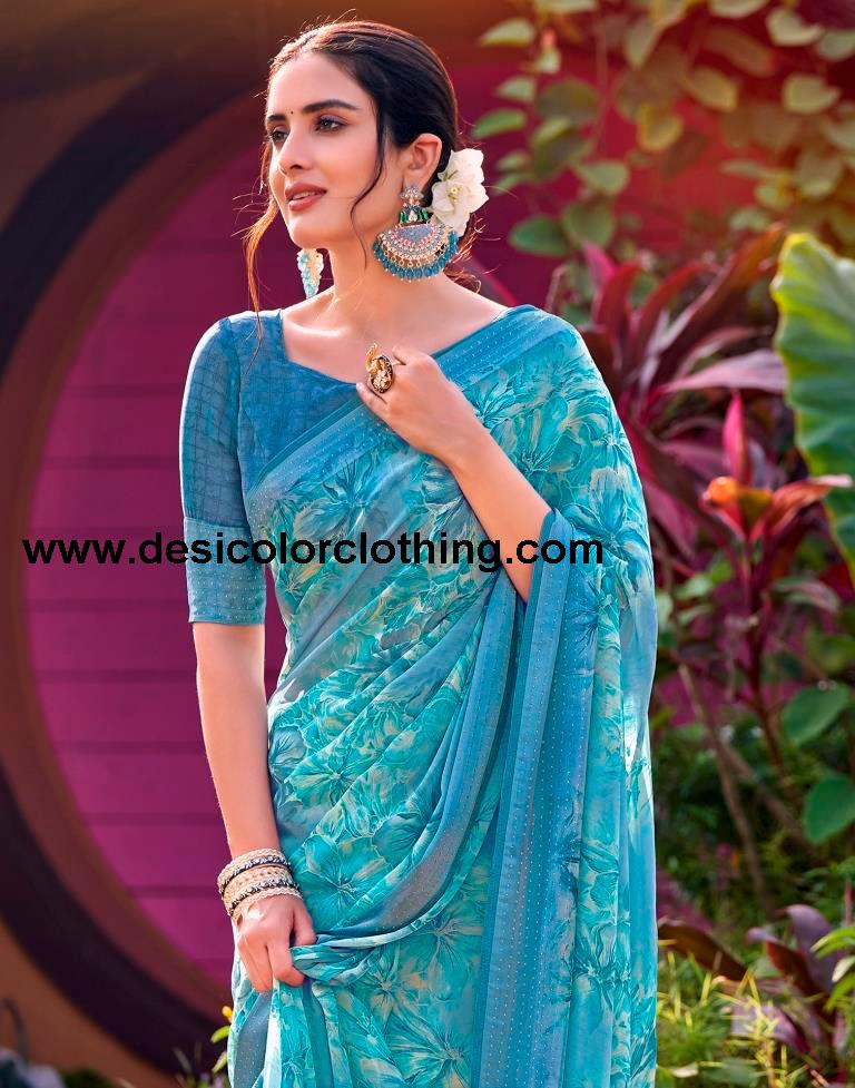 Steel Blue Georgette Printed Saree