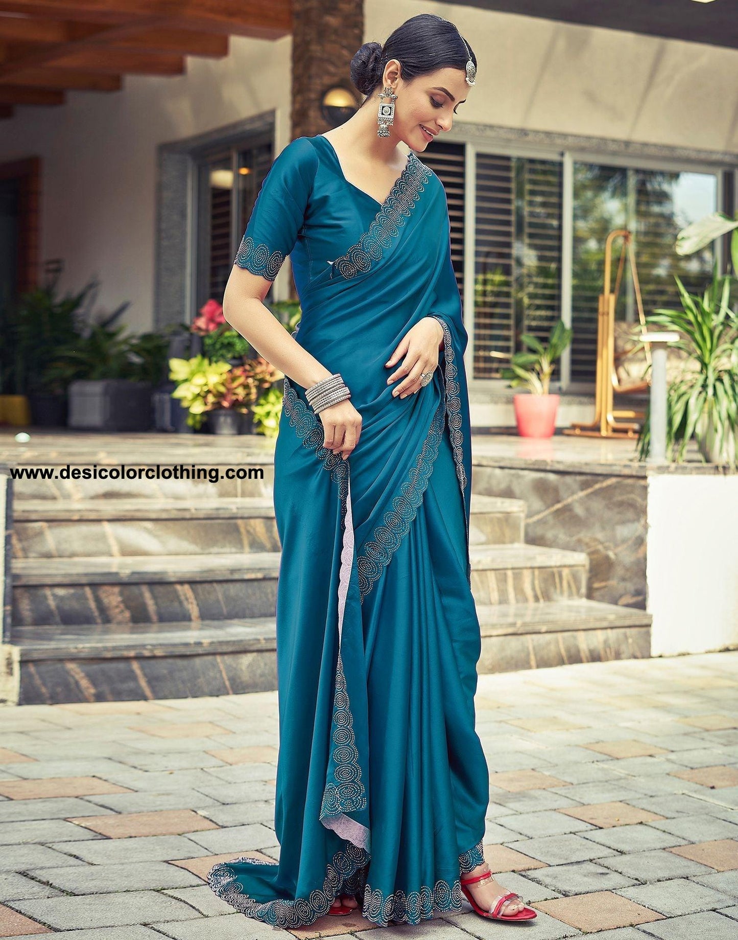 Dark Blue Satin Silk Saree with Stone Work Border & Matching Blouse