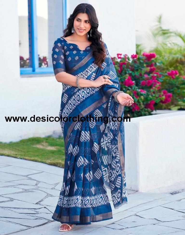 Dark Steel Blue Printed Cotton Saree