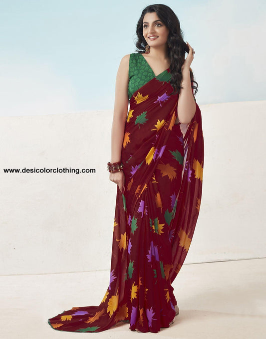 Red Printed Georgette Saree