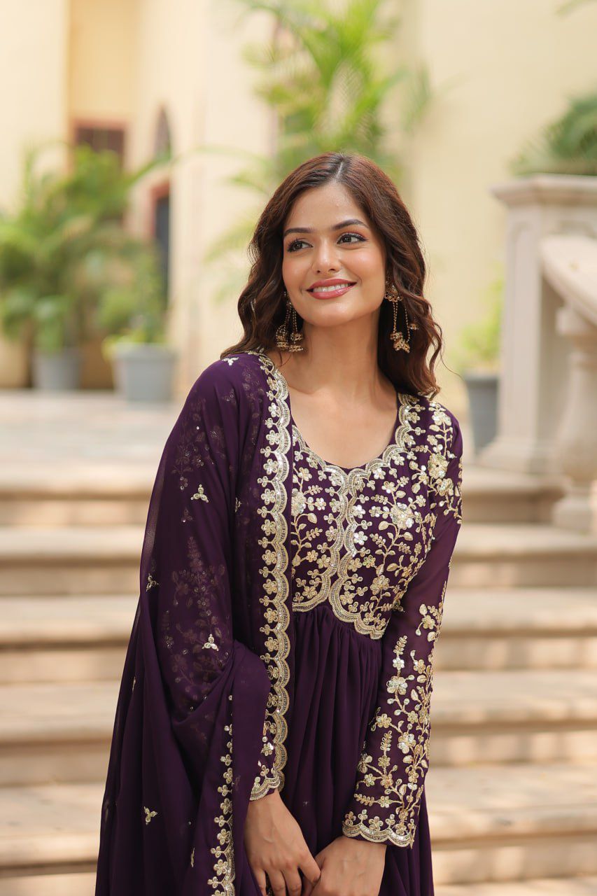 Product Image - Designer Faux Blooming Gowns with Sequins & Multi Embroidered Work – Perfect for Weddings & Festive Wear