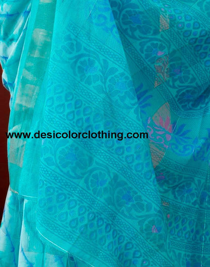 Turquoise Cotton Zari Saree