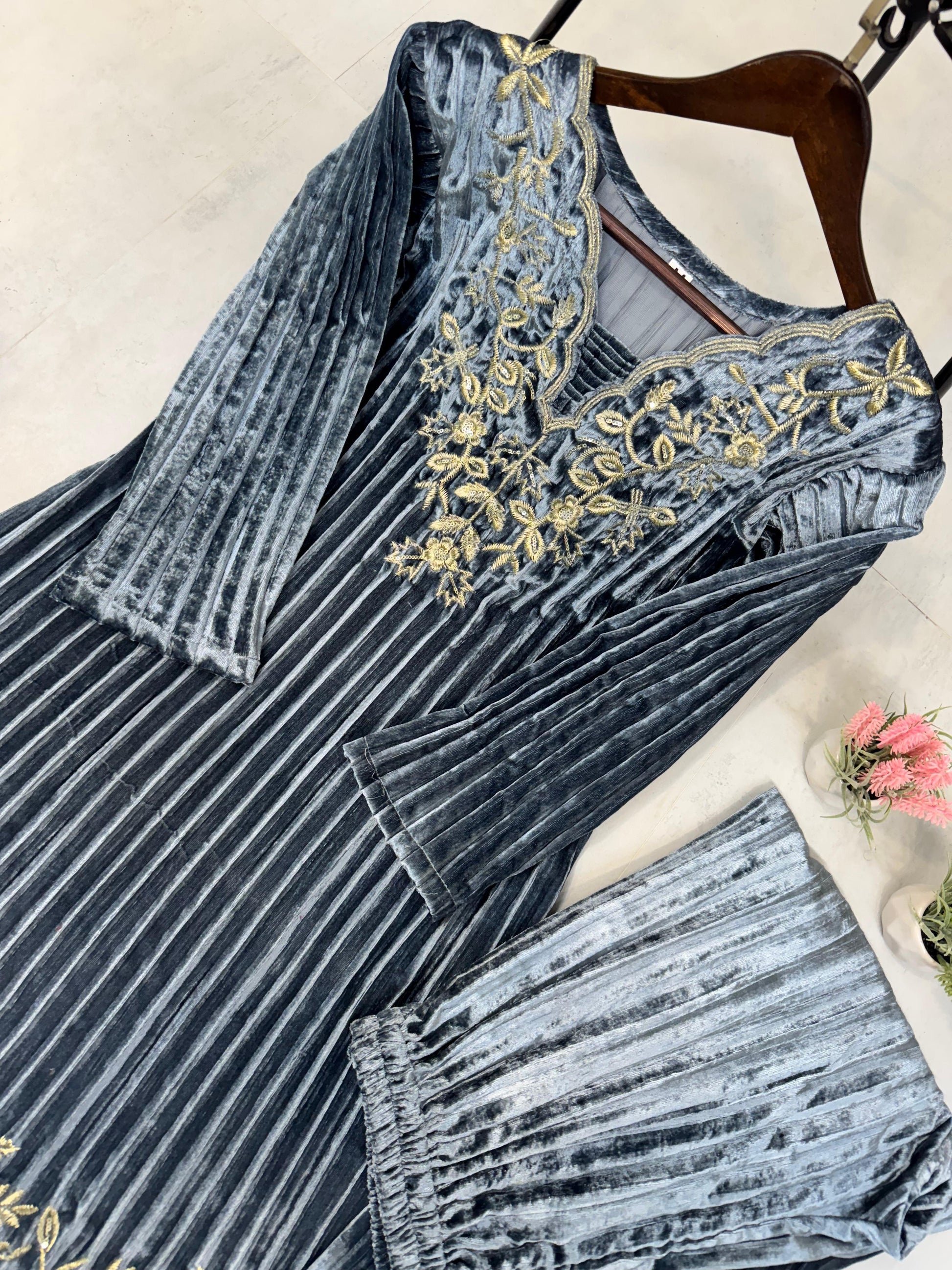 Product Image - Designer Blooming Velvet Embroidery Work Suit with Pant