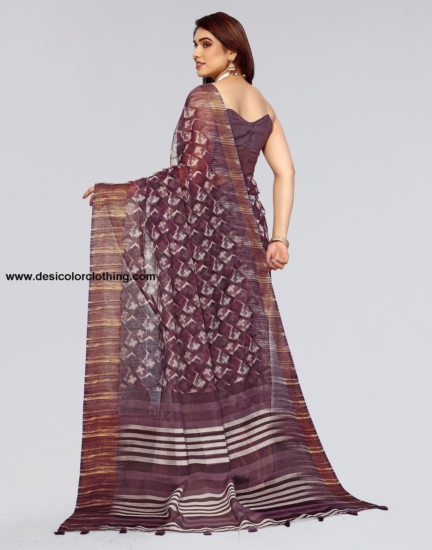 Dark Brown Cotton Printed Saree