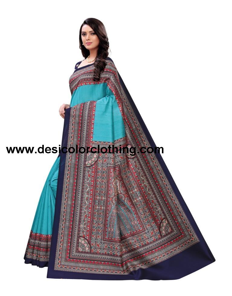 Torquise Blue Coloured Poly Silk Digital Printed Partywear saree
