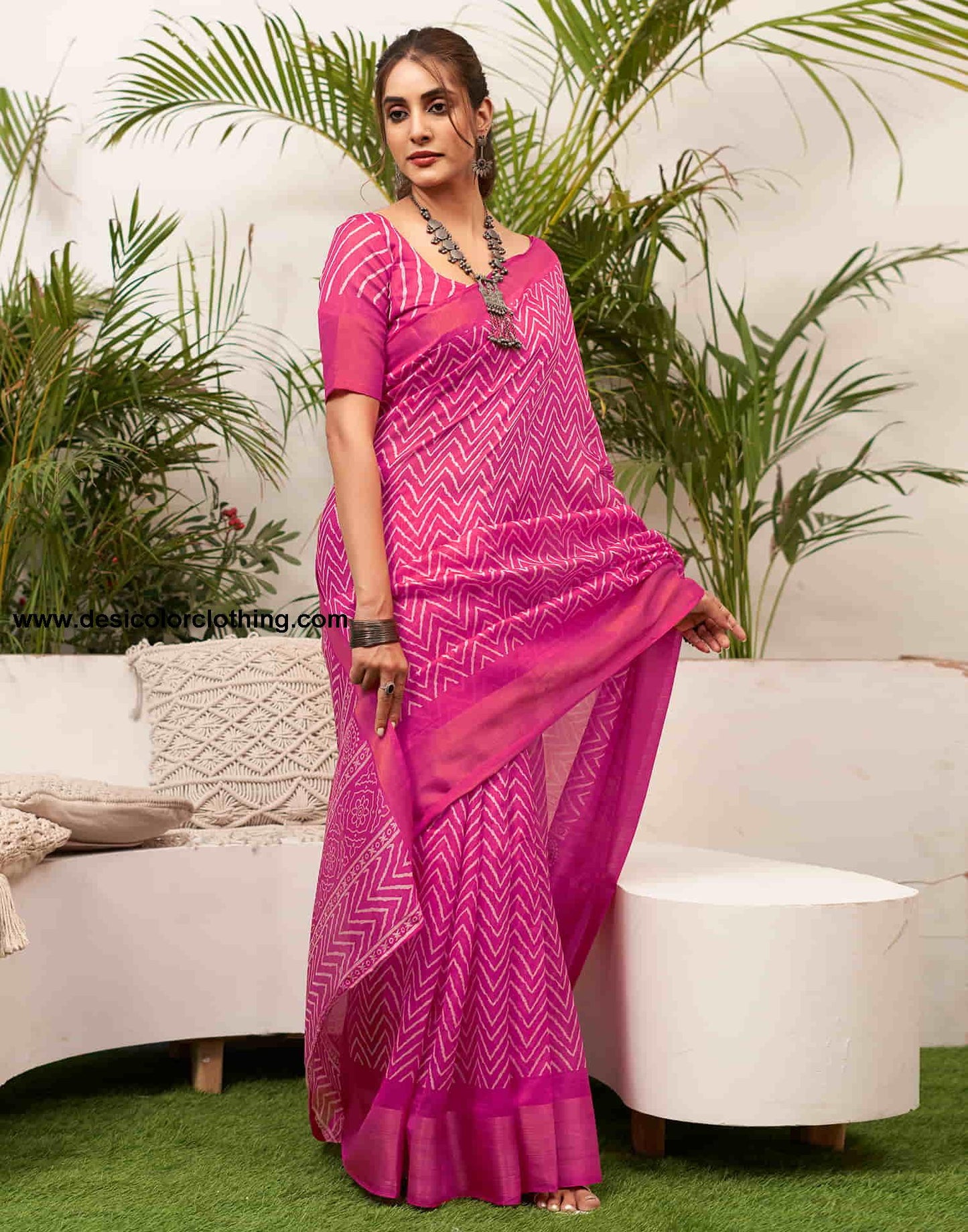 Rani Pink Cotton Printed Saree