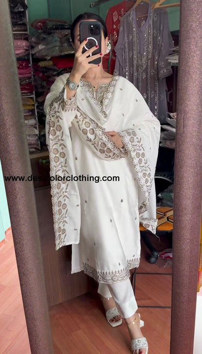 Pure Chinnon With Embroidery Sequence Work Top-Bottom And Dupatta Set Fully Stitched Ready To Wear*