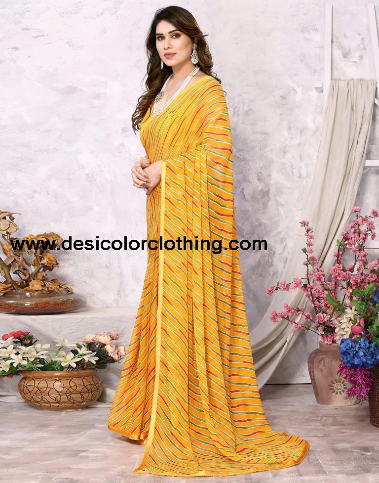 Turmeric Yellow Chiffon Leheriya Printed Saree