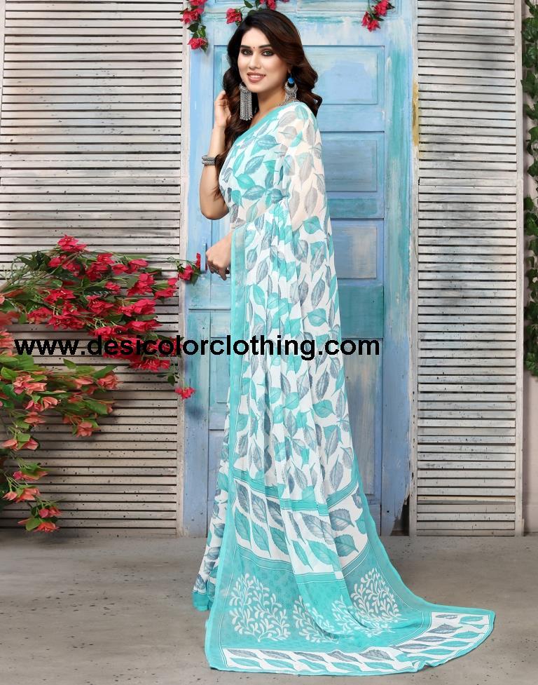 Turquoise Chiffon Printed Saree