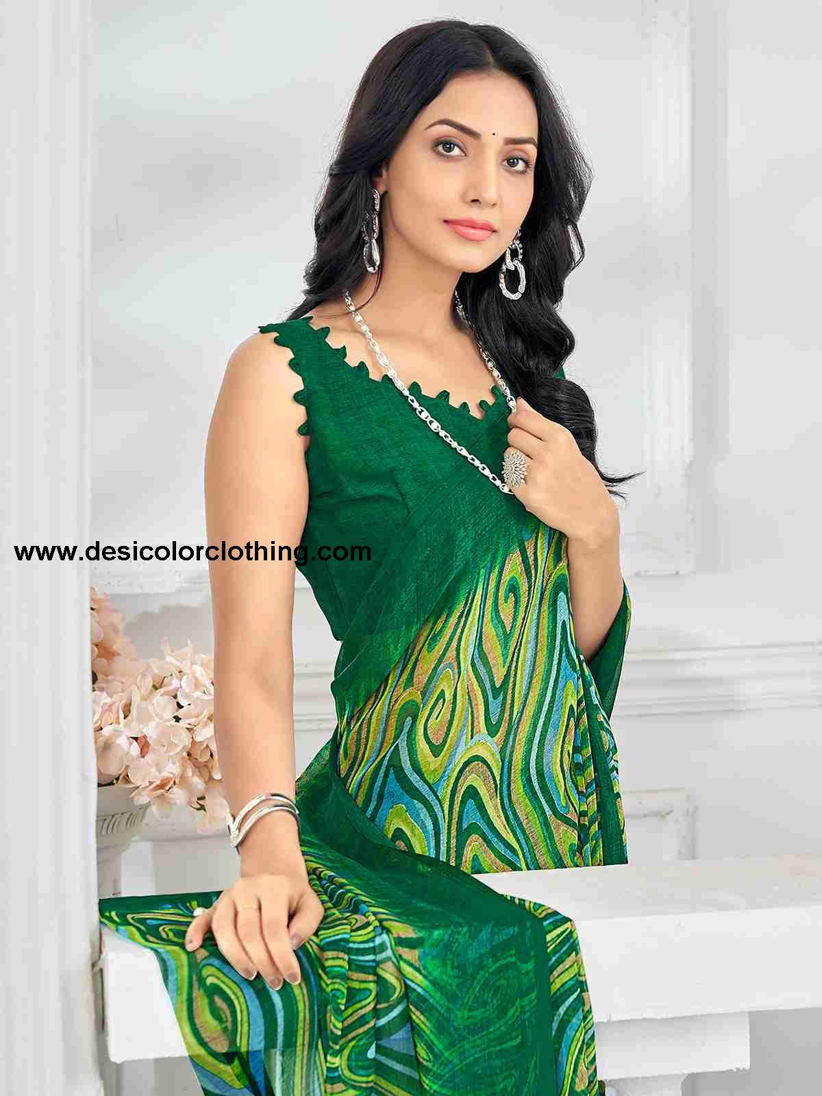 Green Chiffon Printed Saree