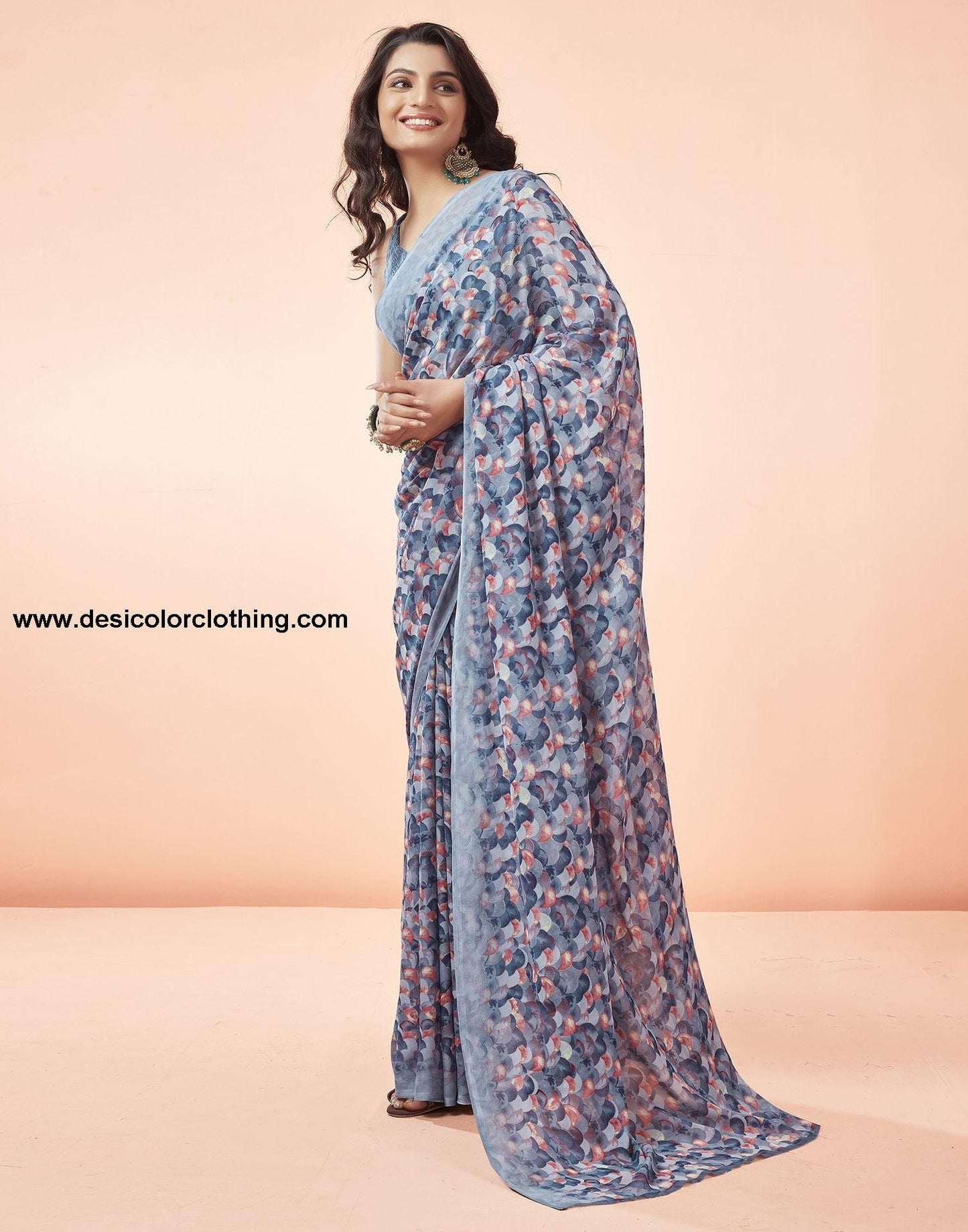 Steel Blue Printed Georgette Saree