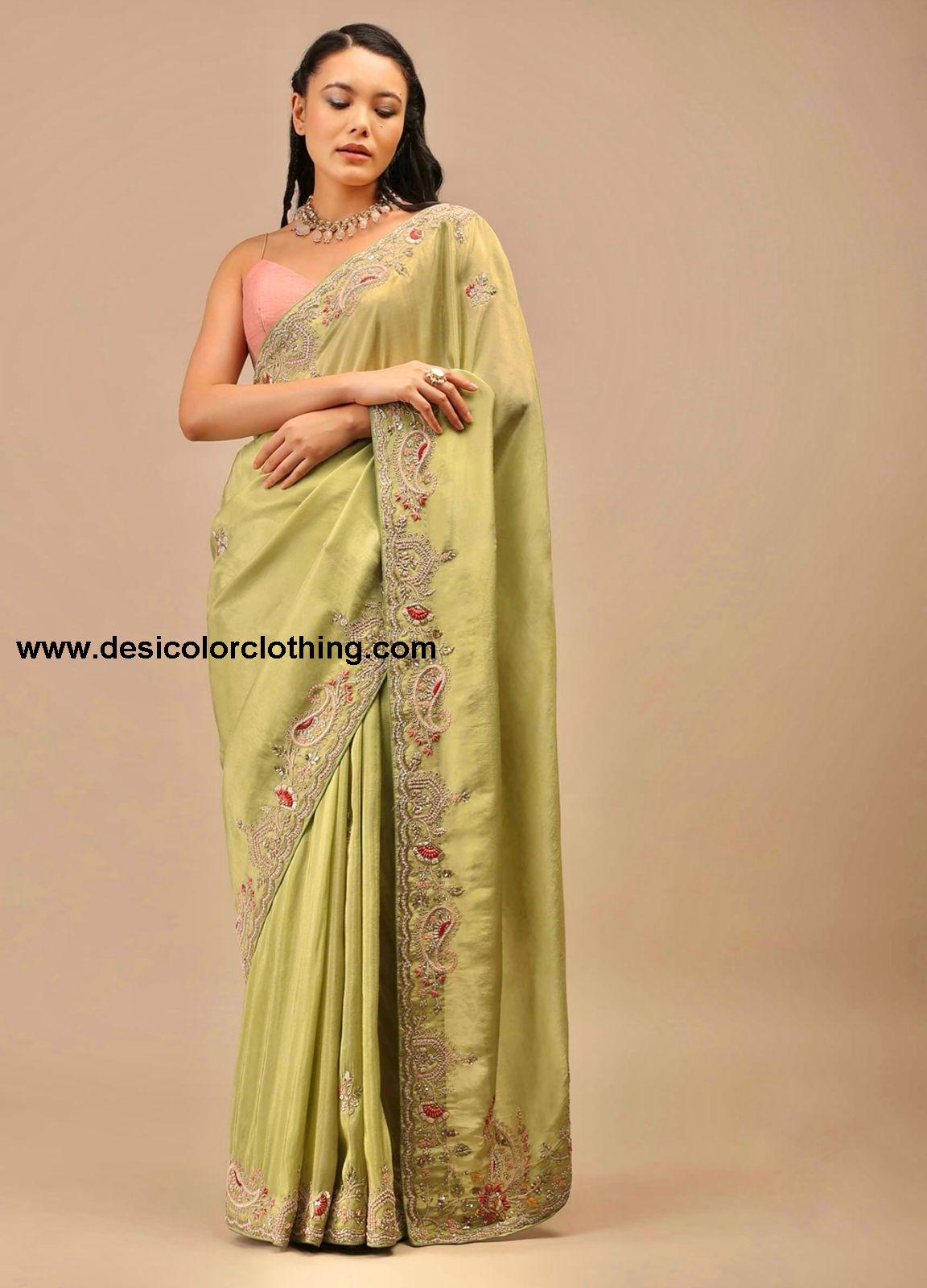 Premium Diamond Chinon Silk Saree with Heavy Embroidery
