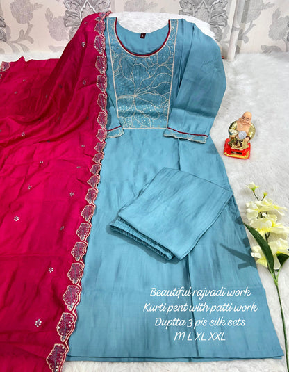 Product Image - Designer Handwork Kurti with Pant & Dupatta Set in Premium Roman Silk – Festive & Wedding Ready