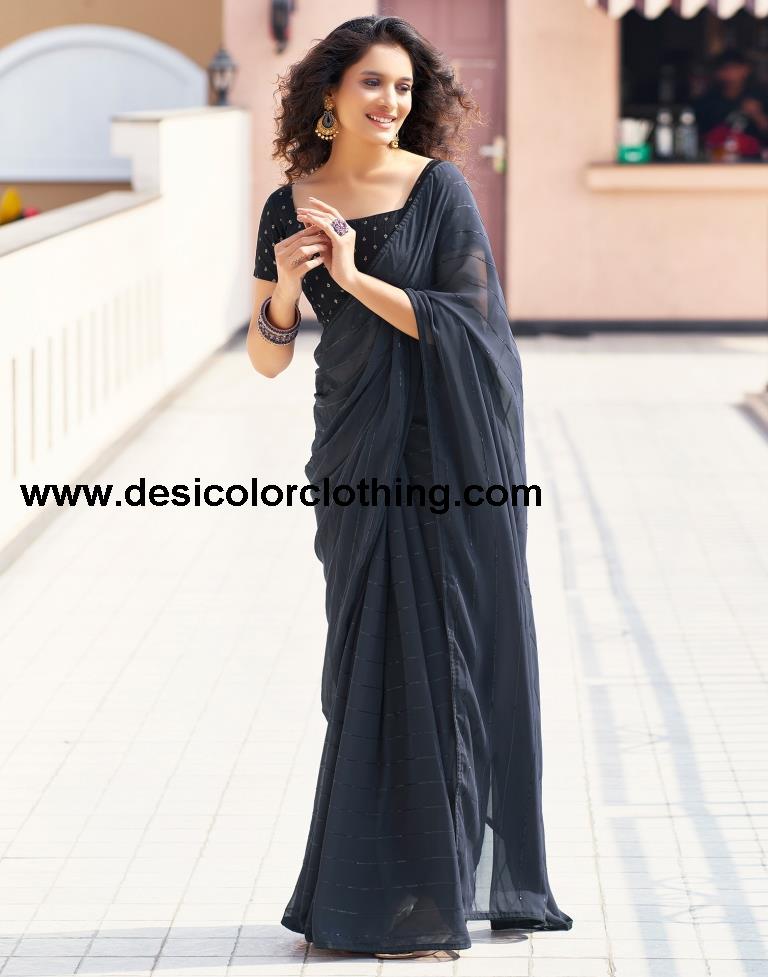 Dark Navy Blue Plain Georgette Saree