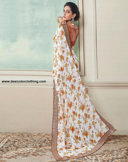 White Printed Georgette Saree
