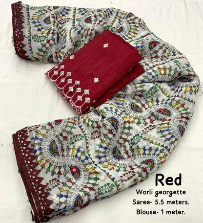 Product Image - Elegant Worli Georgette Saree with Aari Mirror Work