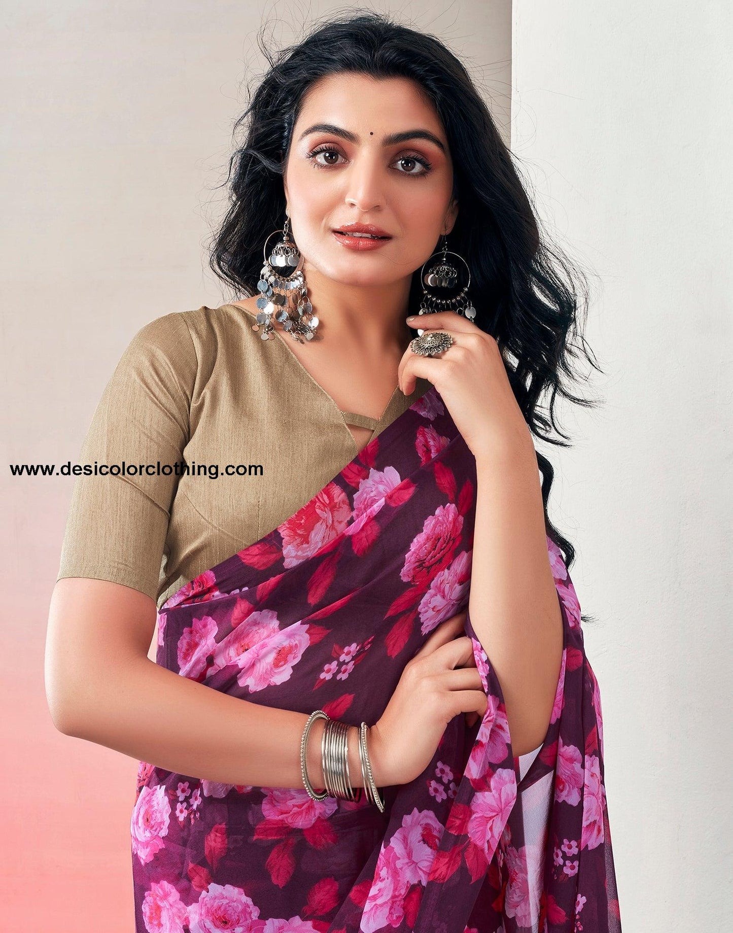 Wine Georgette Printed Ready to Wear Saree