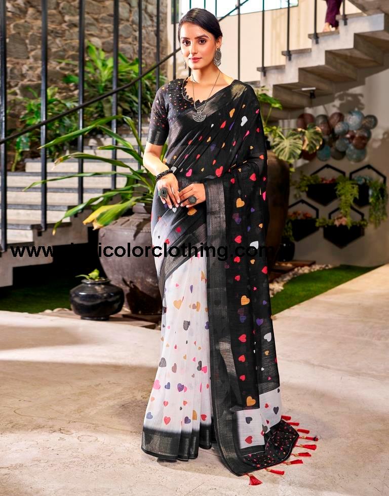Black Linen Printed  Saree