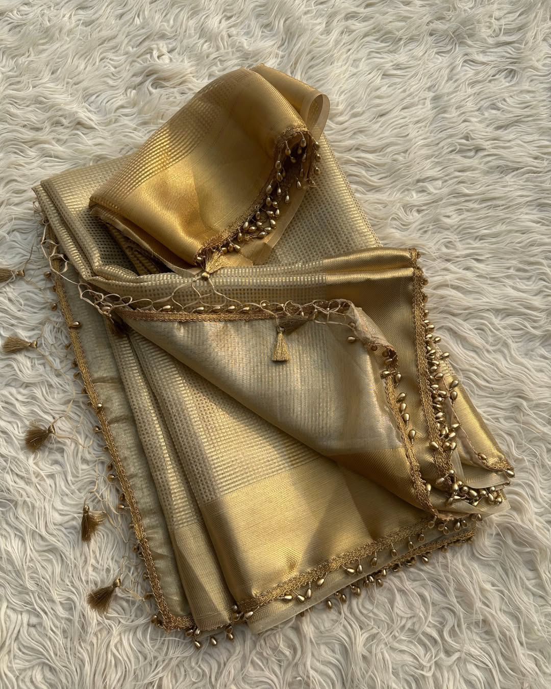 Product Image - Elegant Golden Tissue Silk Saree Inspired by Nayanthara Mam | Designer Antic Gold Border