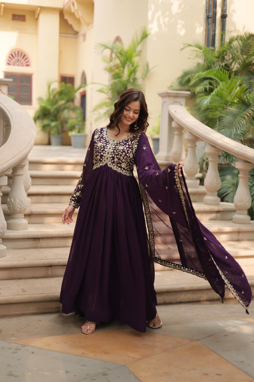 Product Image - Designer Faux Blooming Gowns with Sequins & Multi Embroidered Work – Perfect for Weddings & Festive Wear