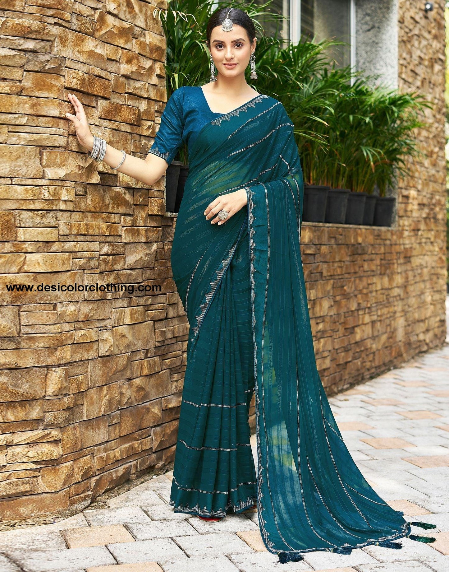 Dark Sea Blue Plain Georgette Saree