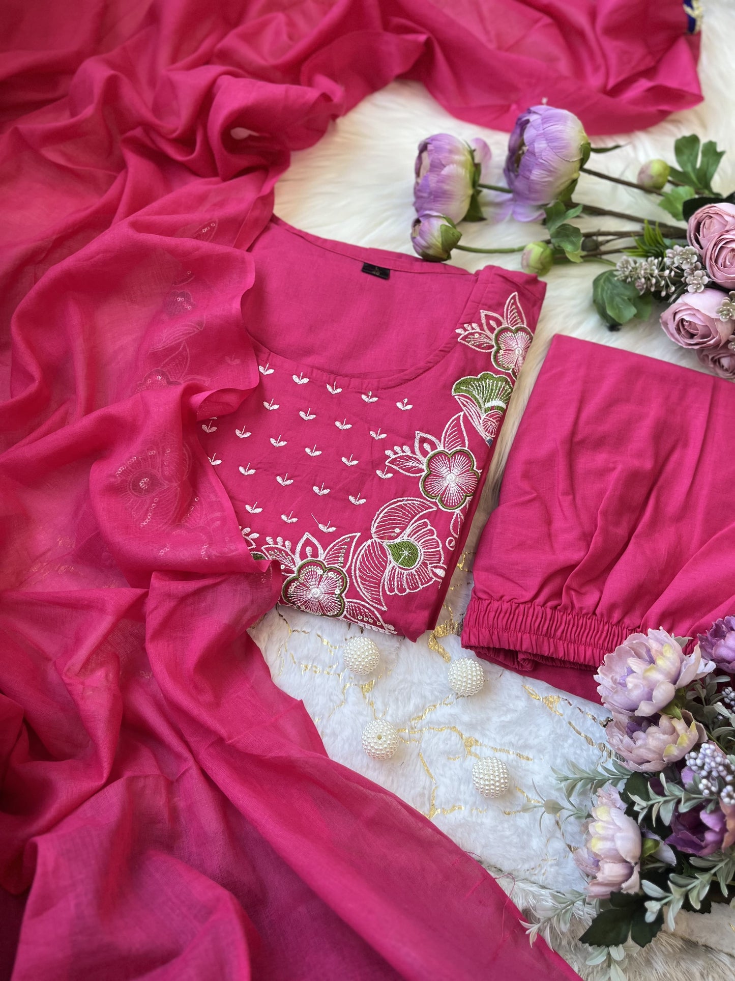 Product Image - Designer Cotton Anarkali Suit Set with Embroidered Dupatta - Festive & Wedding Wear