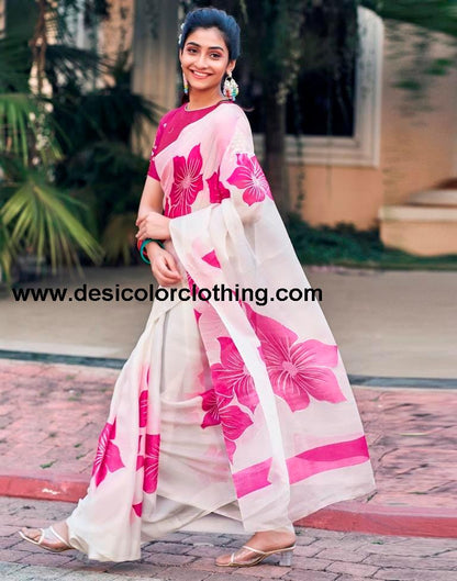 White Silk Printed Saree