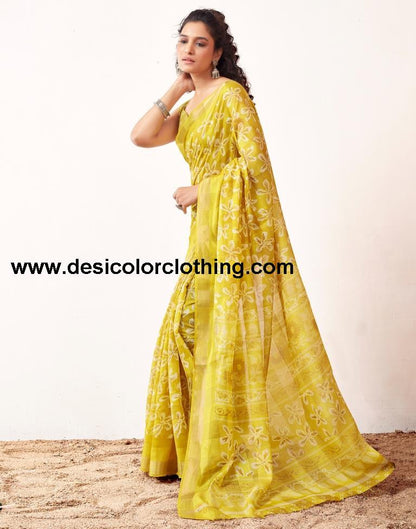 Yellow Cotton Printed Sarees