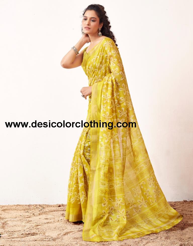 Yellow Cotton Printed Sarees