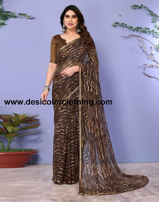Brown Chiffon Animal Printed Saree