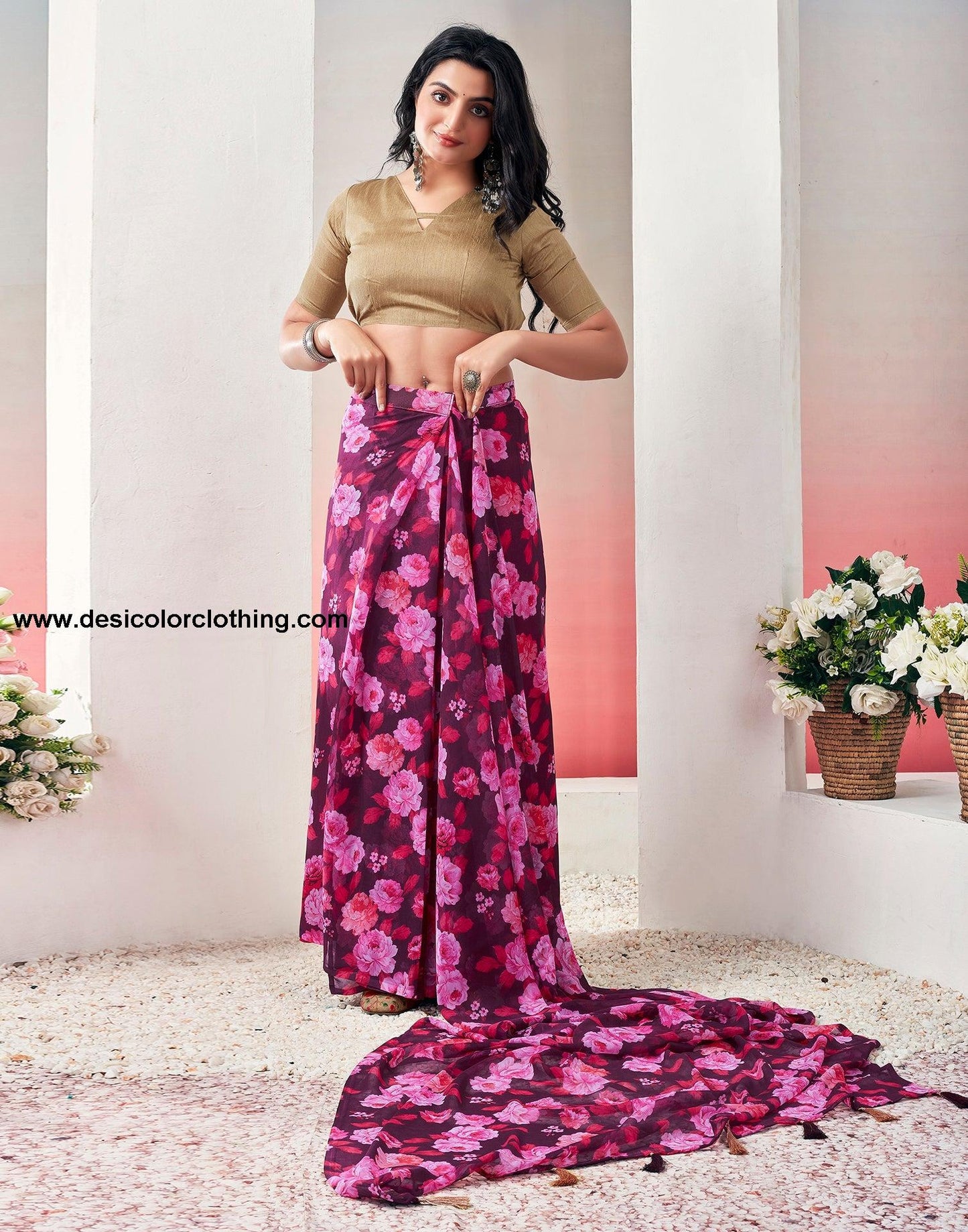 Wine Georgette Printed Ready to Wear Saree