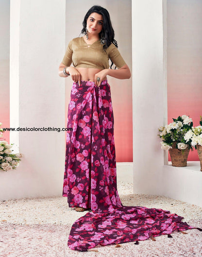 Wine Georgette Printed Ready to Wear Saree