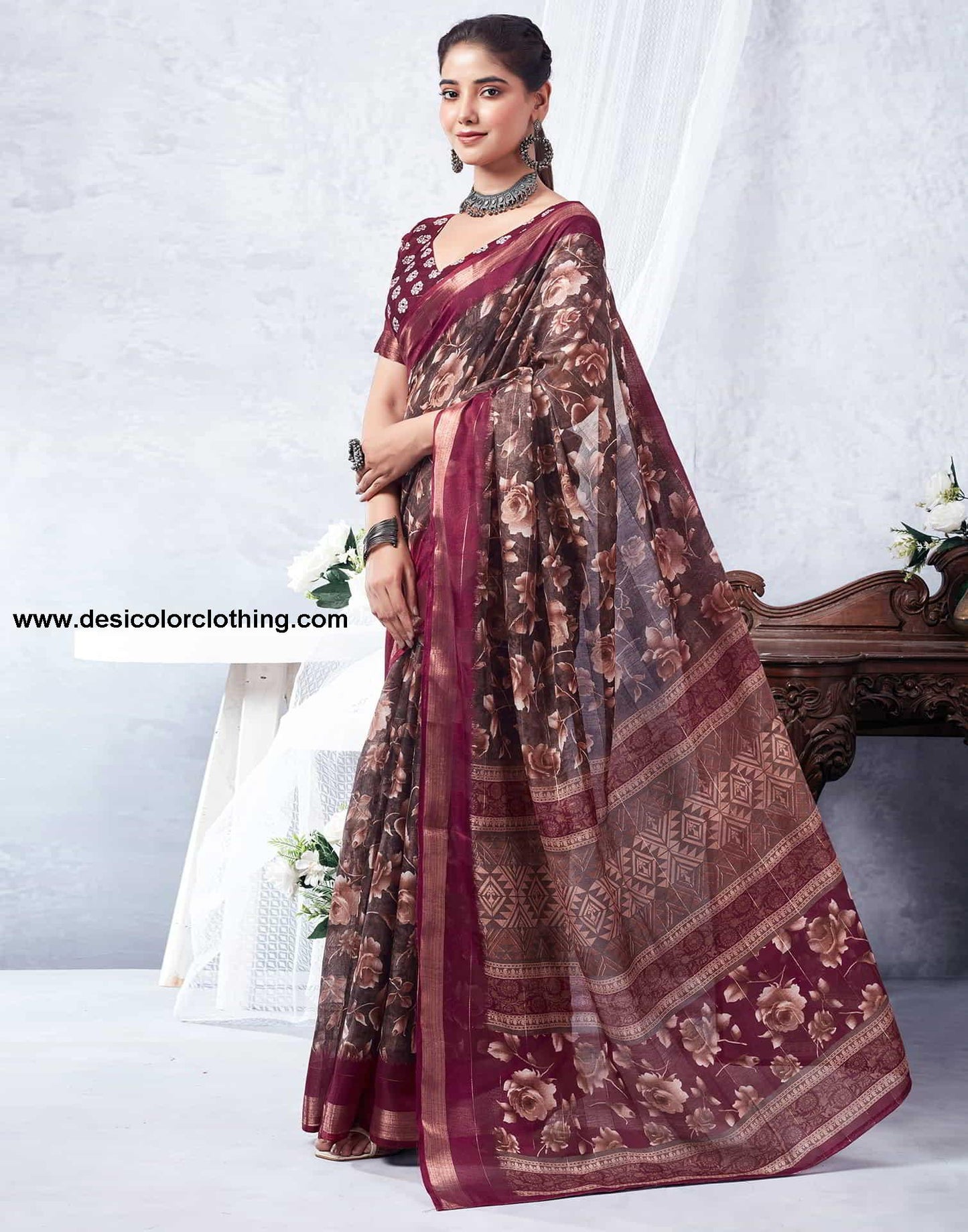 Wine Printed Cotton Saree