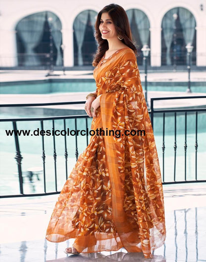 Dark Orange Cotton Printed Saree