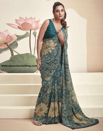 Teal Georgette Printed Saree