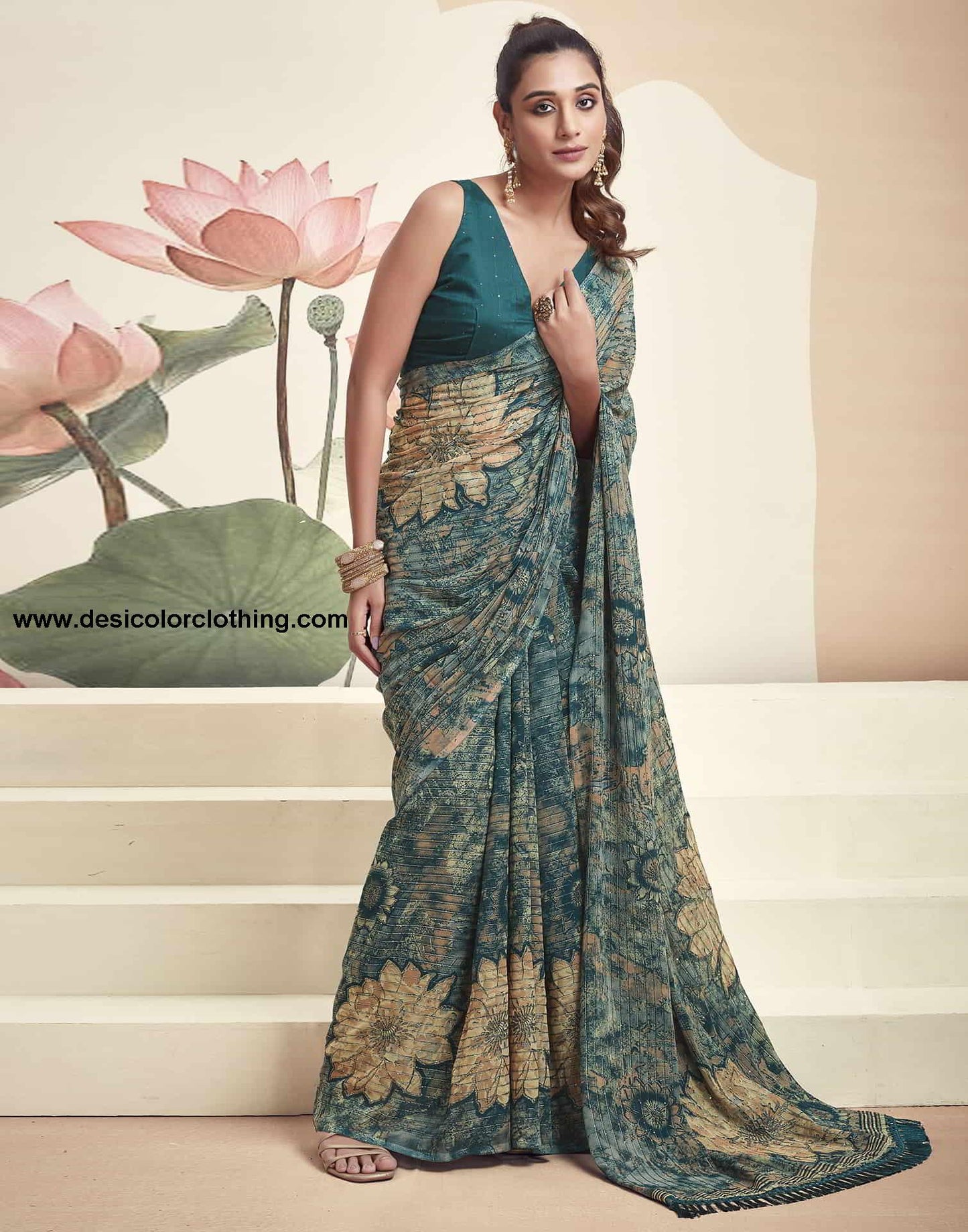 Teal Georgette Printed Saree
