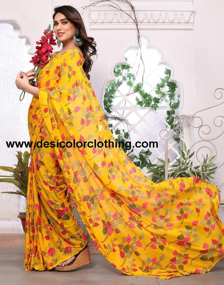 Turmeric Yellow Georgette Floral Printed Saree