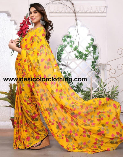 Turmeric Yellow Georgette Floral Printed Saree
