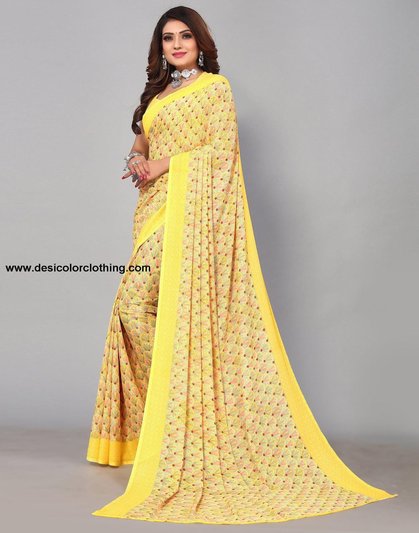 Yellow Georgette Printed Saree