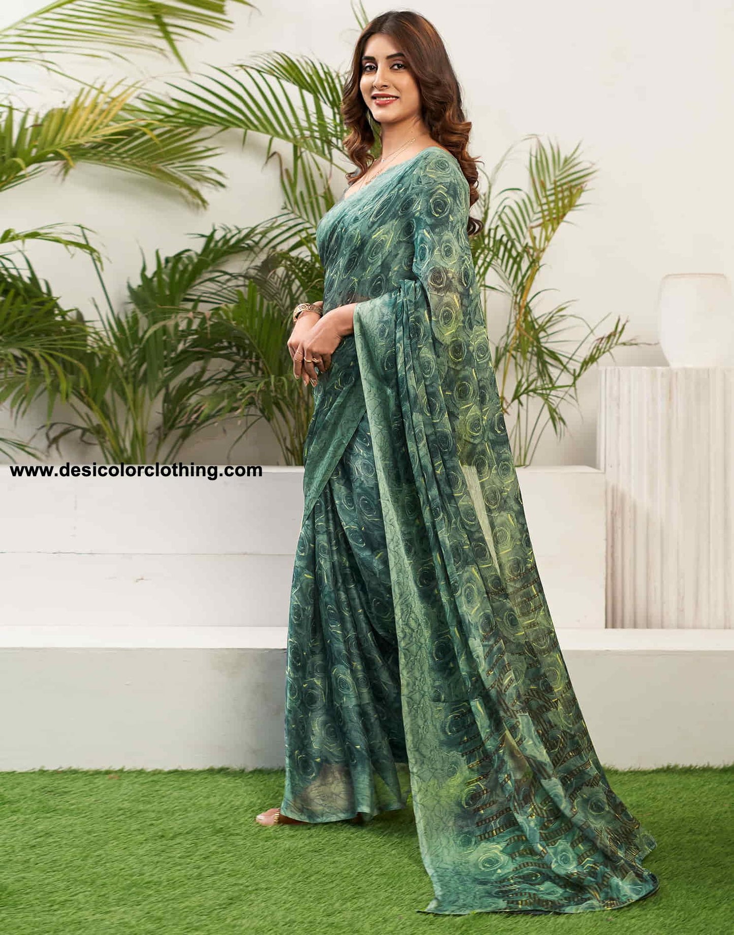 Teal Green Chiffon Printed Saree
