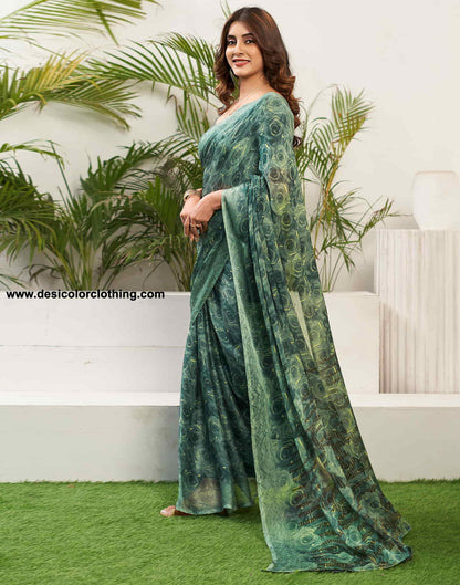 Teal Green Chiffon Printed Saree