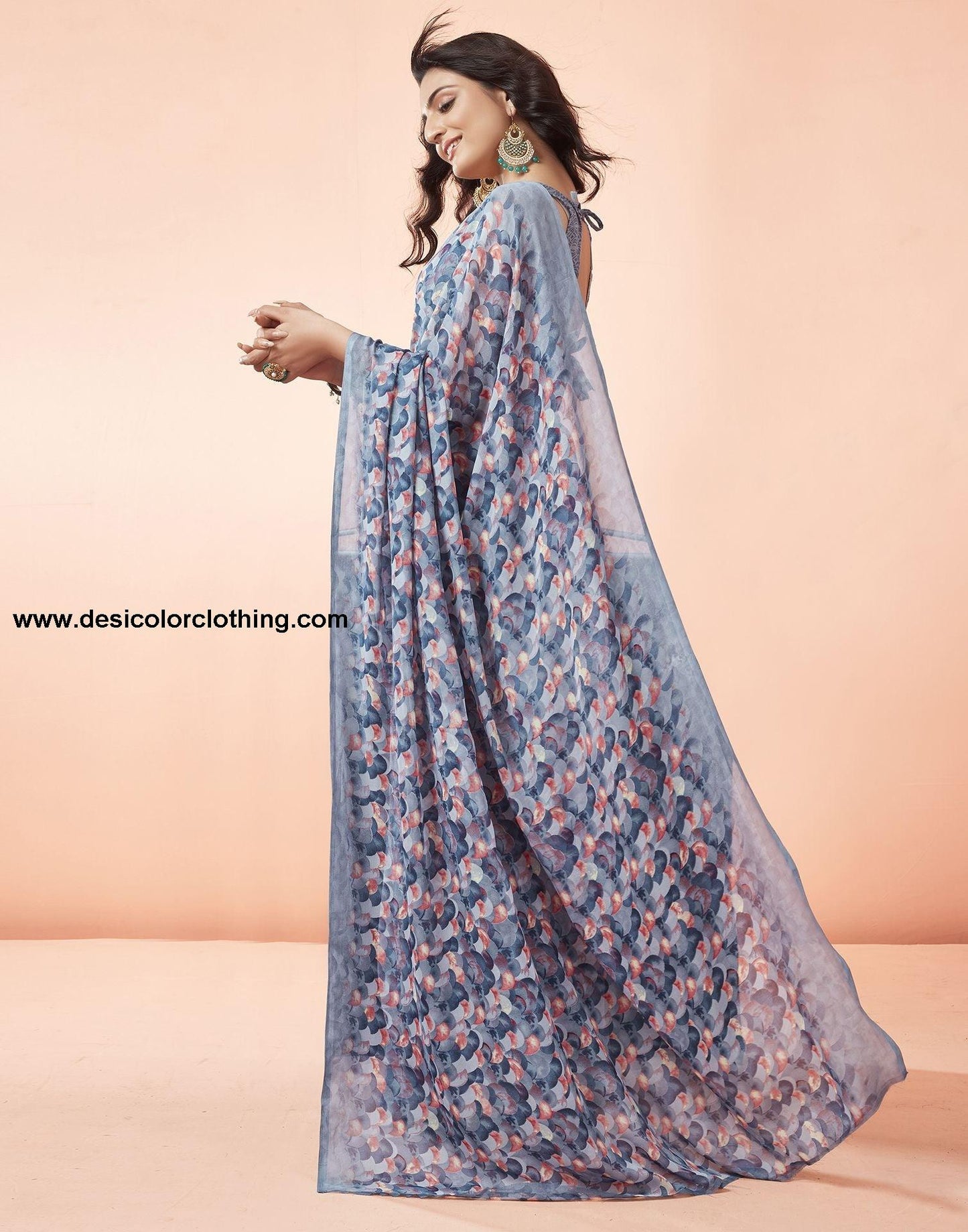 Steel Blue Printed Georgette Saree
