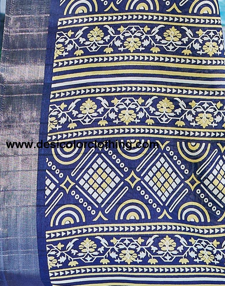 Dark Blue Silk Printed Saree
