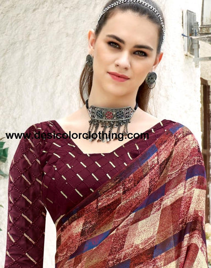 Wine Georgette Printed Saree